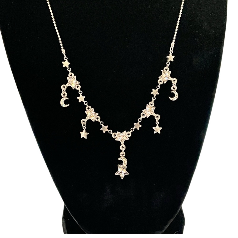 Star and Moon Rhinestone Sterling Silver Necklace